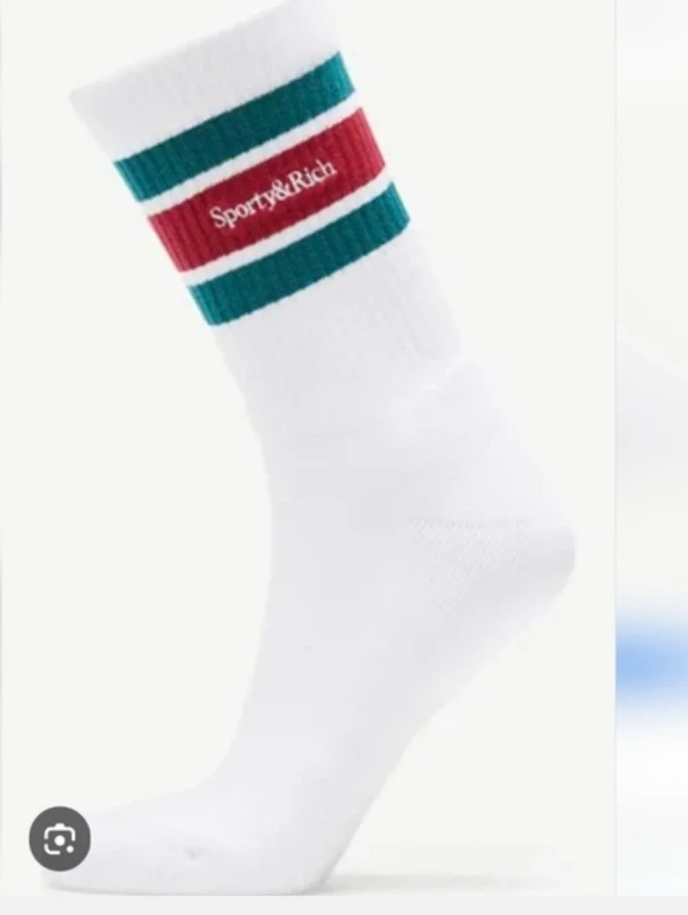 Sporty & Rich White Crew Socks with Teal and Red Stripe Accents